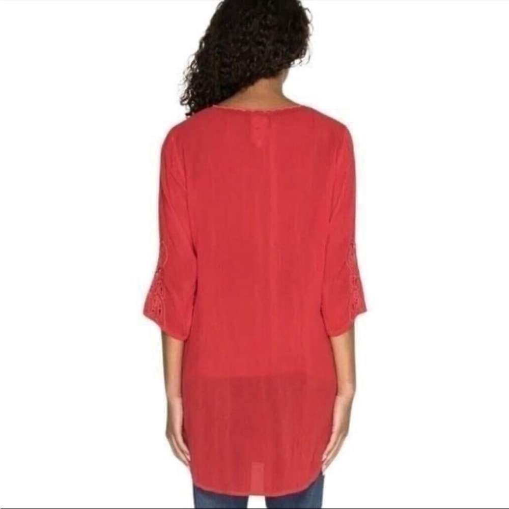 NWT Johnny Was Arlene appliqué Red Lace Tunic top with scoop neck 3/4 sleeves - Picture 3 of 16